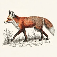 Obraz premium A detailed illustration of a walking fox, showcasing its vibrant fur and alert posture in a natural setting.