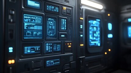 Futuristic spaceship control panel with glowing blue screens and buttons.