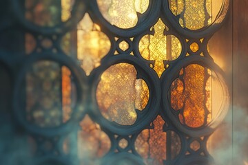 An intricate close-up of golden latticework glowing in divine light, the background a beautifully blurred mix of celestial colors and faint architectural silhouettes, visualized with AI 
