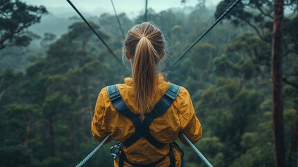 A person in a yellow jacket prepares for a zipline adventure in a lush forested landscape.