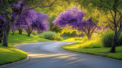 Naklejka premium Winding road through a park with vibrant purple flowering trees. Lush greenery, sunlight filtering through trees, creating a serene and picturesque scene.
