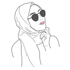 A vector illustration of a young beautiful girl or woman wearing hijab or veil and sun glasses, thinking and daydreaming. One line art drawing.