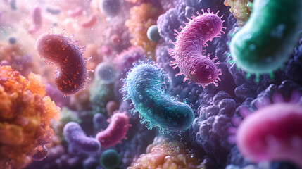 A detailed painting of various microorganized life forms, showcasing intricate biological structures.
