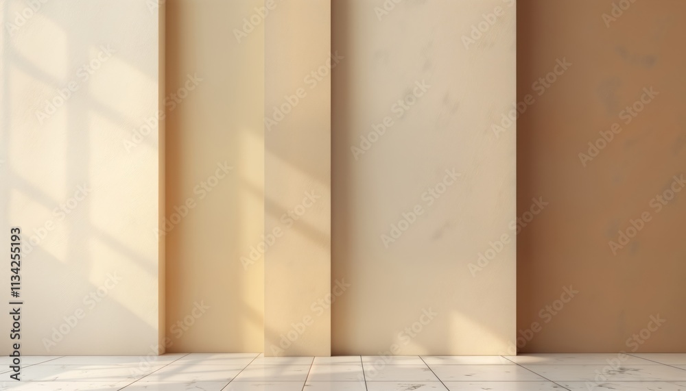 Aufkleber empty room with neutral plaster walls in gradient earth tones. sunlight casts shadows through window