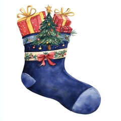 Watercolor christmas stocking filled with gifts festive scene holiday art cozy atmosphere colorful design