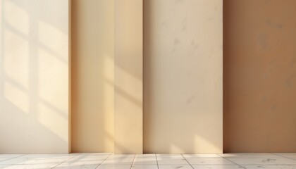 Fototapeta premium Empty room with neutral plaster walls in gradient earth tones. Sunlight casts shadows through window creating visual interest. Interior design concept, modern minimalist style, natural light. Simple,