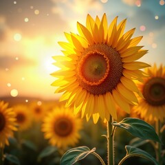 Obraz premium Bright sunflower blooms in field at sunset. Golden light shines on field of sunflowers. Beautiful warm colors fill scene. Perfect for inspiring positive thoughts, great start to day. Sunflowers