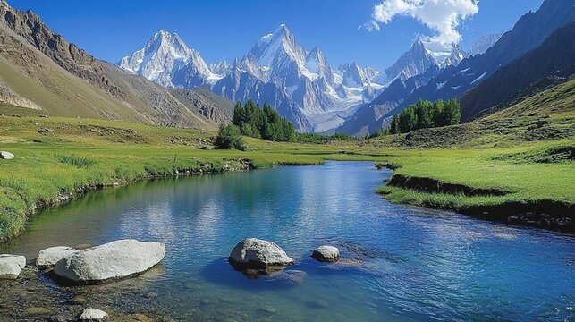A serene mountain landscape with clear blue waters, lush green meadows and snow-capped peaks in the background
