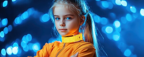 A confident girl in a vibrant orange outfit poses against a dazzling blue background, showcasing a blend of energy and style.