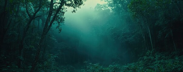 Obraz premium A misty forest scene with dense trees and soft light filtering through the foliage.