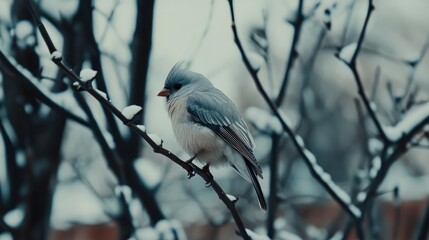 Fototapeta premium Winter Bird on Snow-Covered Branch: Capturing Nature's Tranquil Beauty