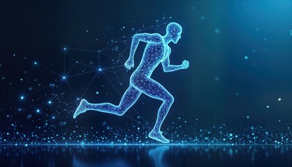 Obraz premium Abstract illustration of person running. Lines, triangles form human figure in motion. Network of points connects figure. Blue background. Digital tech concept. Dynamic, futuristic. Suitable for