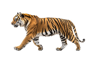 a tiger walking on a white background