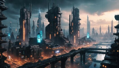 A futuristic cyberpunk hub with sprawling interconnected towers, glowing neon advertisements floating in mid-air, and a network of sleek flying vehicles soaring through the sky