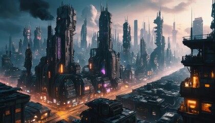 Obraz premium A futuristic cyberpunk hub with sprawling interconnected towers, glowing neon advertisements floating in mid-air, and a network of sleek flying vehicles soaring through the sky