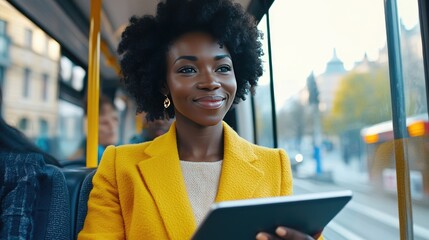 Confident Woman Enjoying a Bus Ride with Tablet on a Bright Autumn Day