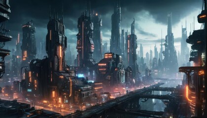 A futuristic cyberpunk hub with sprawling interconnected towers, glowing neon advertisements floating in mid-air, and a network of sleek flying vehicles soaring through the sky