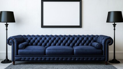 Living room with navy blue Chesterfield sofa, framed poster, and black lamps on carpet.