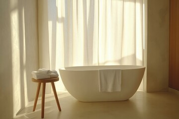 A serene bathroom scene featuring a freestanding tub and soft natural light.