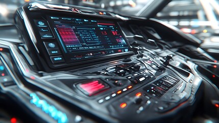 Futuristic vehicle control panel with digital display and illuminated buttons.