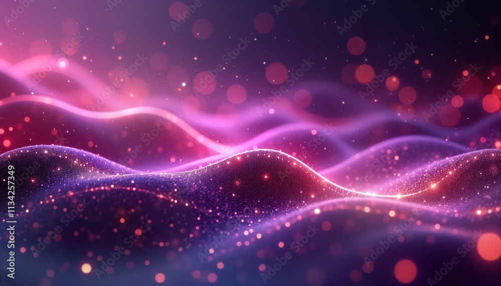 Aufkleber Abstract 3D purple background glows with lights. Dynamic purple waves shimmer with glowing particles. Abstract design suitable for tech presentations, branding materials, creative backgrounds.