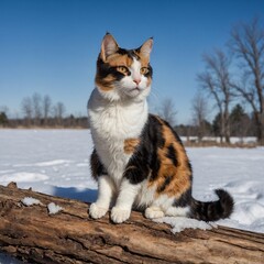 A calico cat posing on a snowy log under a bright blue winter sky.