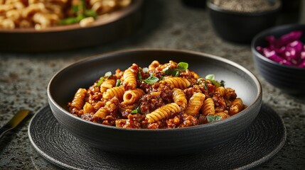 Fototapeta premium Delicious Rotini Bolognese in Rustic Black Bowl Garnished with Basil Leaves