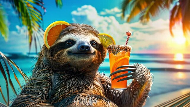 sloth with a cocktail on the beach.