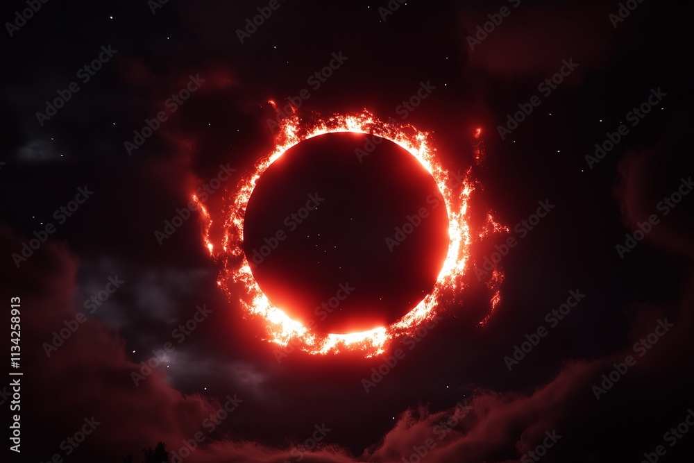 Poster a solar eclipse with a fiery corona surrounded by a starry sky