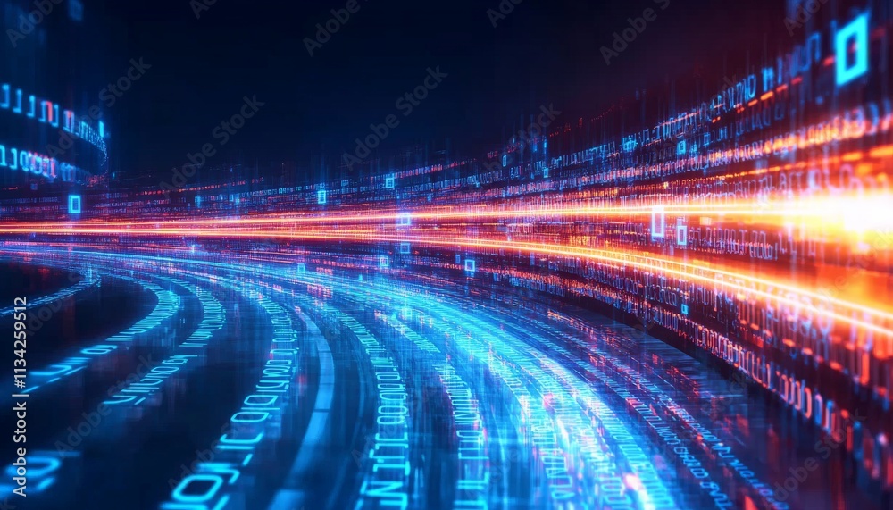 Poster abstract digital art with binary code and glowing lights.