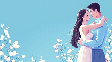 Romantic Couple Embracing Among Delicate Flowers in Bright Sky