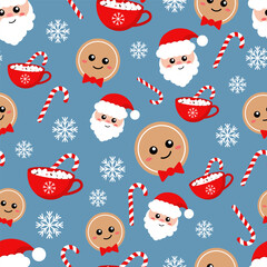 Vector pattern with santa claus, gingerbread man, candy cane, cup of cocoa on blue background