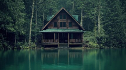 Obraz premium Rustic log cabin on tranquil lake in a dense forest.