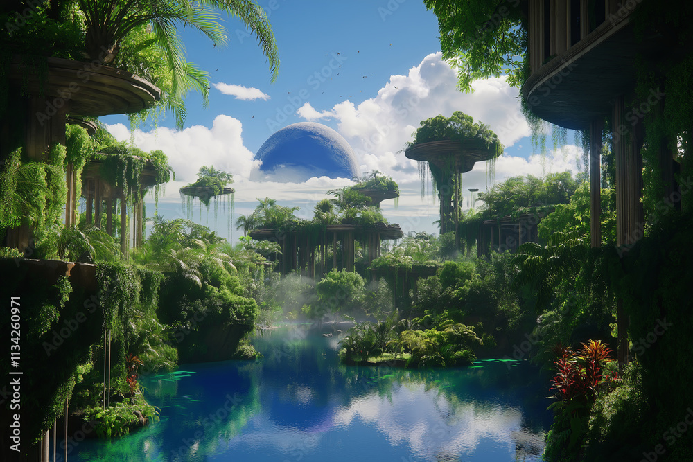 Poster a surreal fantasy world with floating islands orbiting a massive planet.
