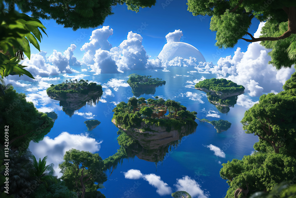 Poster a surreal fantasy world with floating islands orbiting a massive planet.