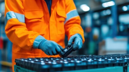 Worker replacing a shockproof battery in a highimpact tool, emphasizing robustness