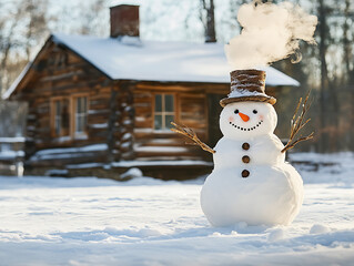 Obraz premium A happy snowman with a carrot nose and twig arms waving, standing in front of a cozy wooden cabin with smoke rising from the chimney