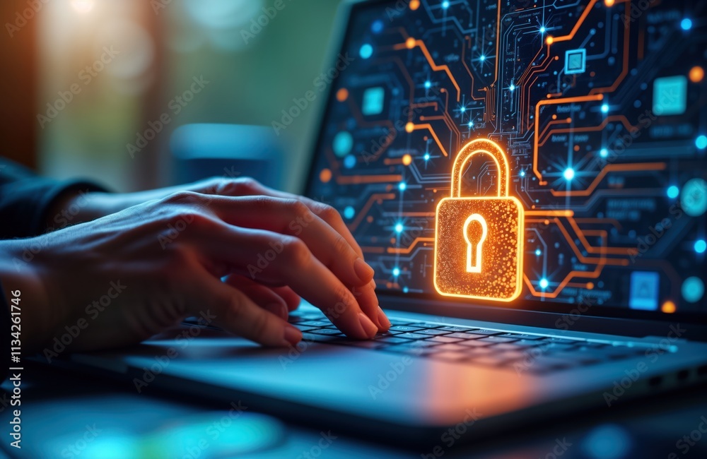 Poster Hands type on laptop keyboard. Holographic lock icon on screen shows tech security, data protection. Person works on secure tech. Modern digital security concept. Cyber protection theme. Data safety