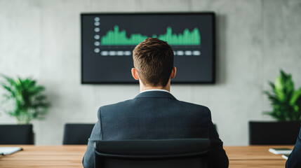 A man in a suit is sitting at a desk in front of a television monitor
