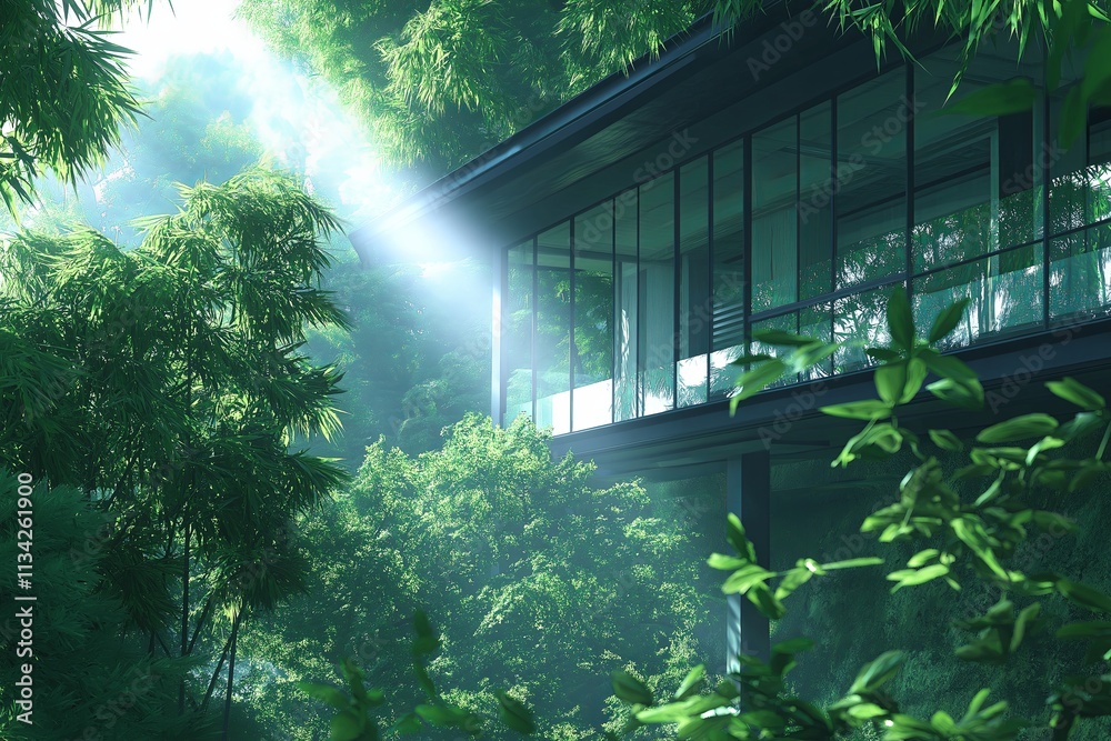 Poster a tranquil bamboo forest with light rays piercing through the dense greenery.
