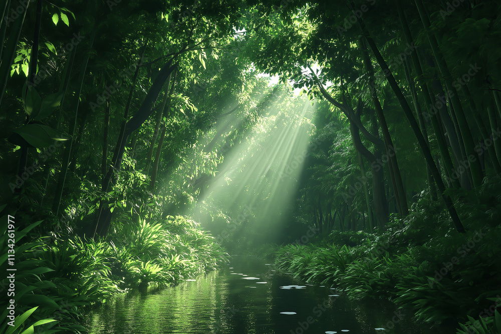 Poster a tranquil bamboo forest with light rays piercing through the dense greenery.