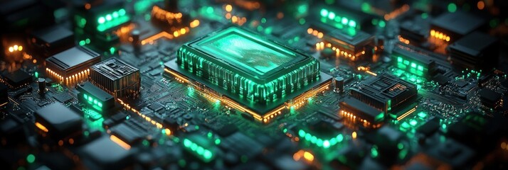 Fototapeta premium A close-up view of a futuristic circuit board with glowing components and intricate details.