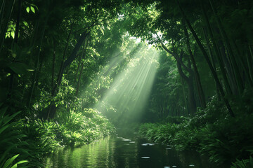 Obraz premium A tranquil bamboo forest with light rays piercing through the dense greenery.