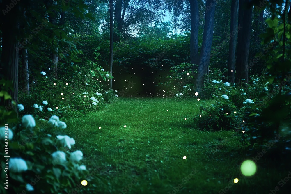 Poster a tranquil forest clearing filled with glowing fireflies at twilight