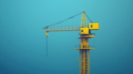 Isolated yellow construction crane against a teal background.