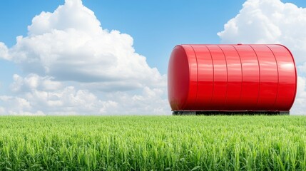 Obraz premium Red Tank in Green Field Summer Sky Rural Scene