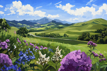 A vibrant oil painting-style landscape of rolling green hills and a bright blue sky.