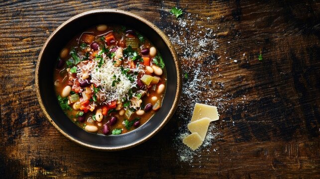 Hearty, flavorful vegetable soup in a dark bowl, topped with grated cheese and fresh herbs.