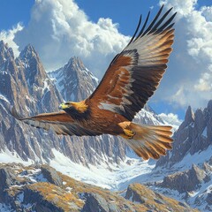 A majestic eagle soars over a stunning mountain landscape filled with clouds.
