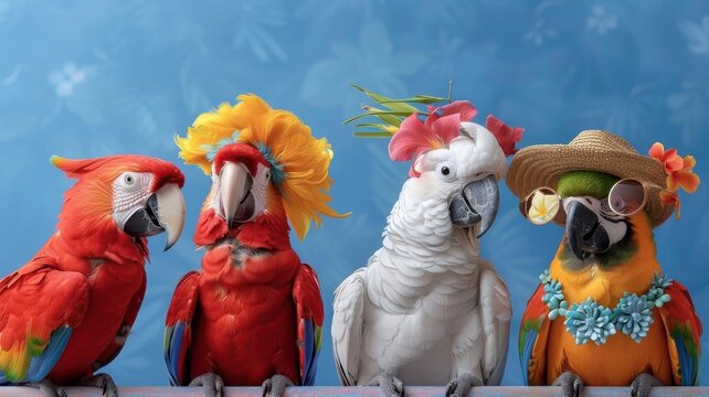 Playful parrots in colorful outfits squawking with delight, perfect for party invitations.